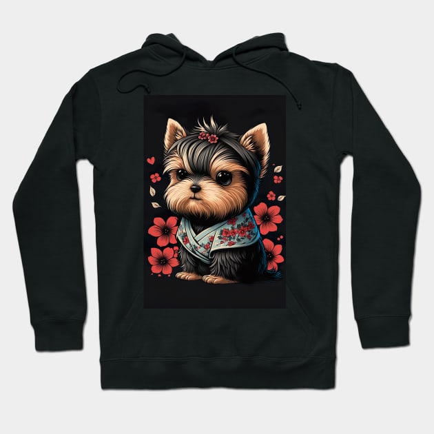 Super Cute Yorkshire Terrier Puppy Portrait - Japanese style Hoodie by KoolArtDistrict